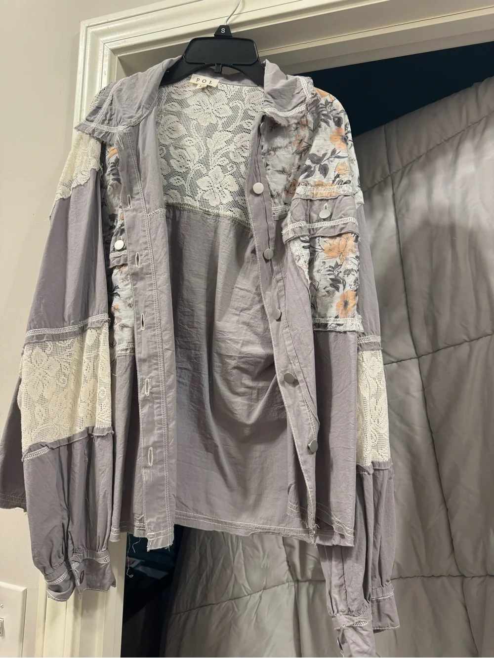 POL Lavender Lace Patchwork Utility Jacket with Floral Panels